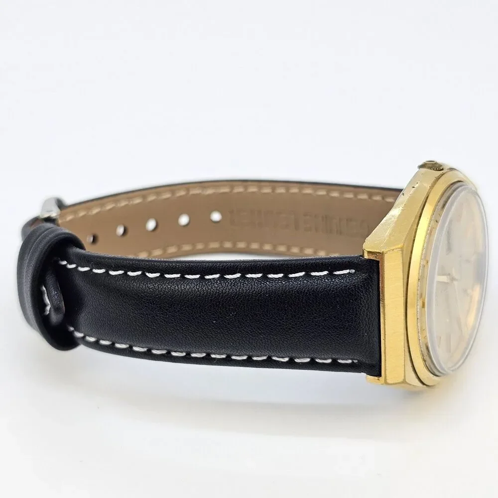 VTG Lorus Men's Watch 36MM Gold Dial DayDate New Black Leather Bands New Battery